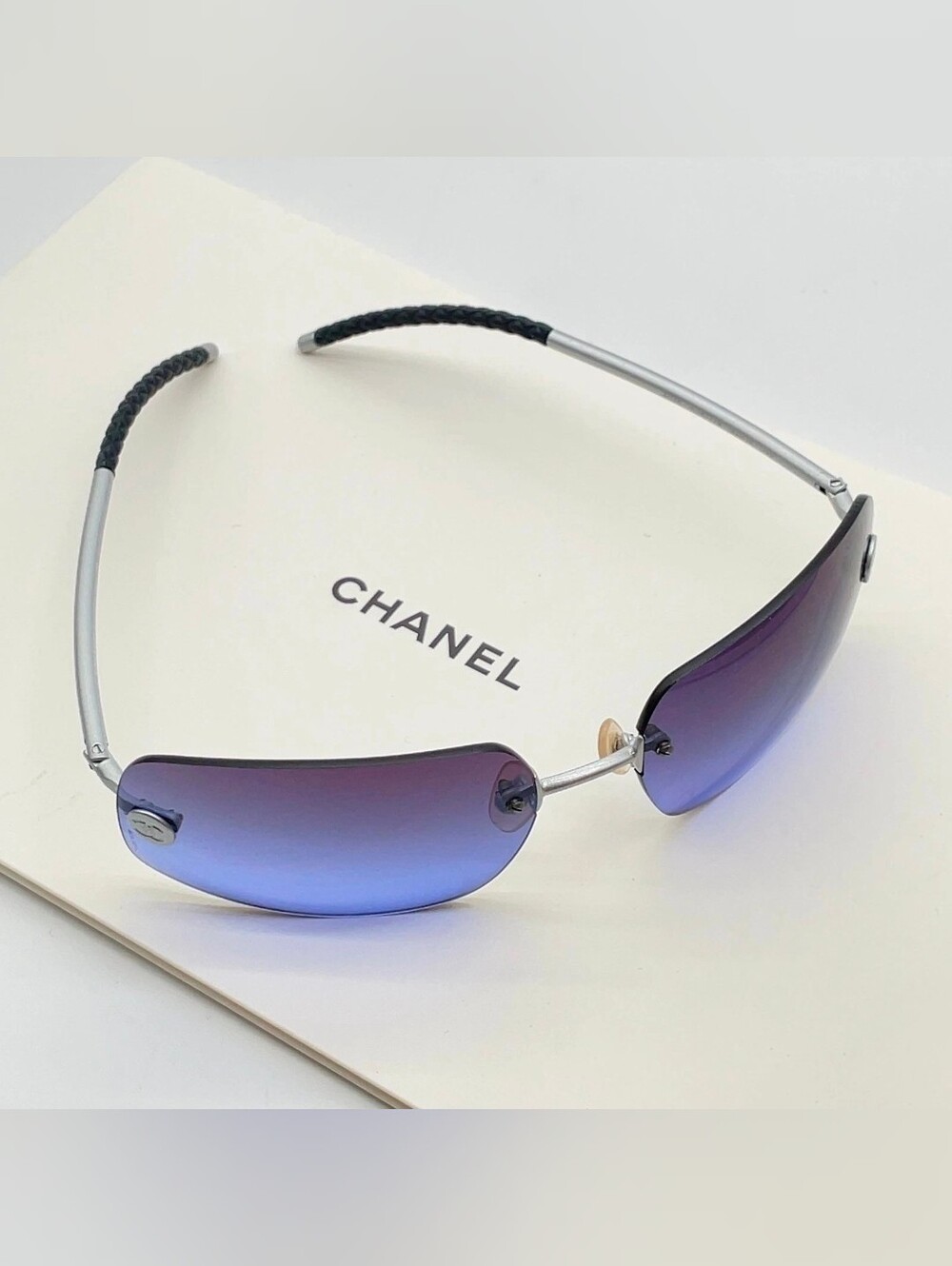 CHANEL Y2K Rimless Blue Gradient Rhinestone CC Mark Sunglasses Wbox - Picture 5 of 16